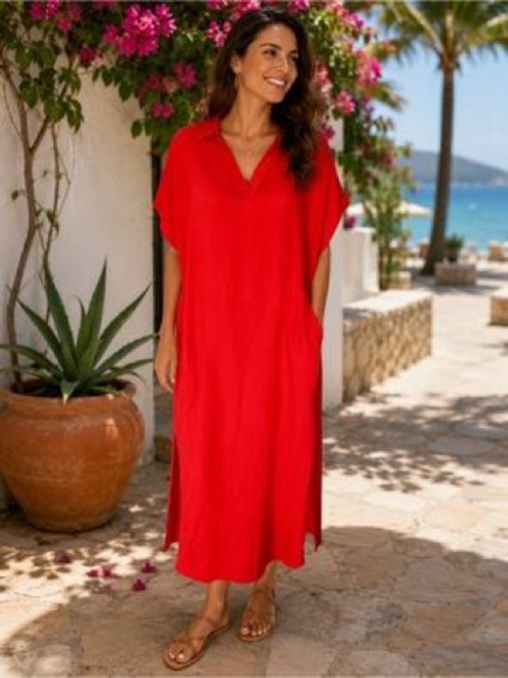 Tahari Vibrant Red V-Neck Long Swim Coverup